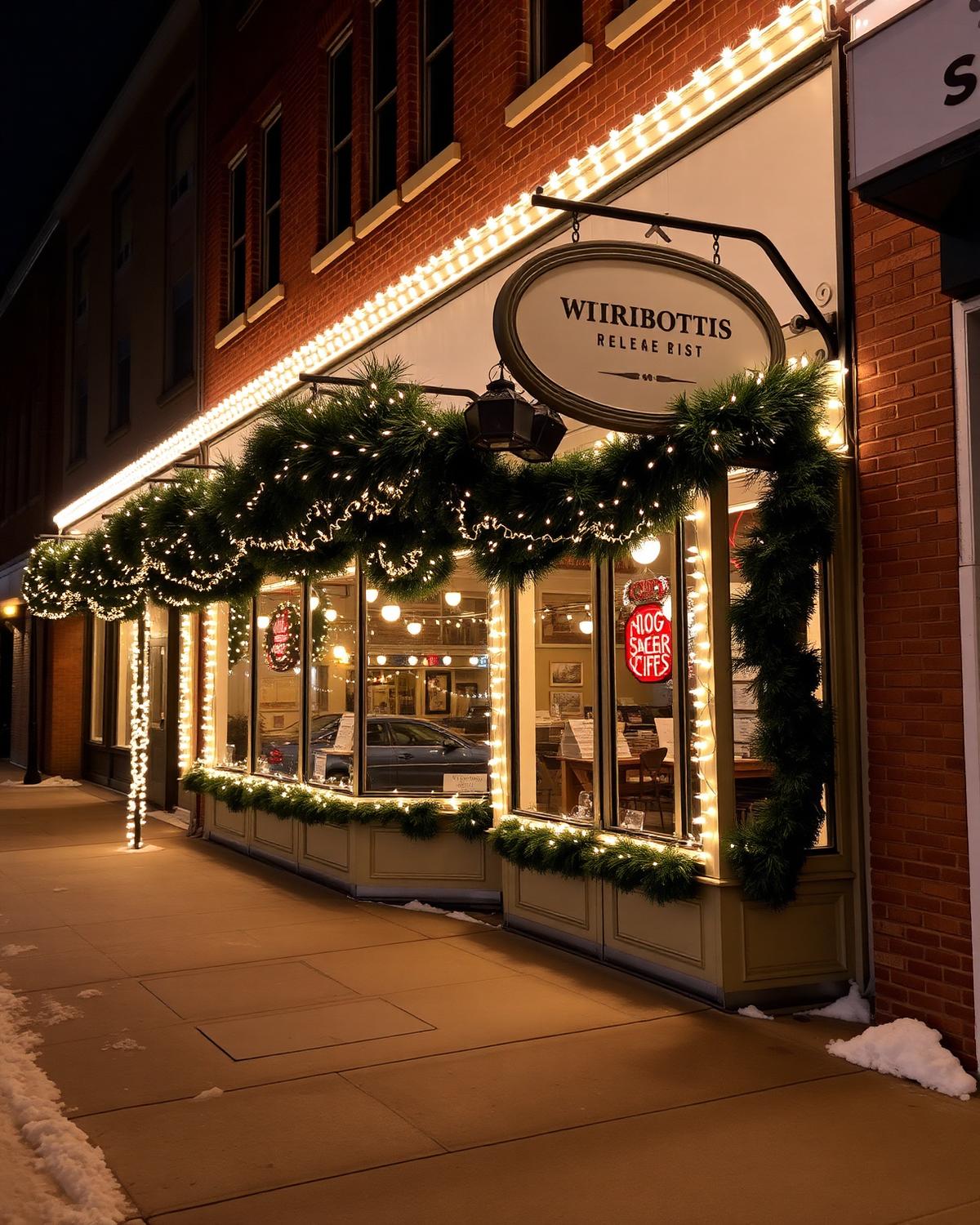 Commercial storefront framed in warm holiday lights