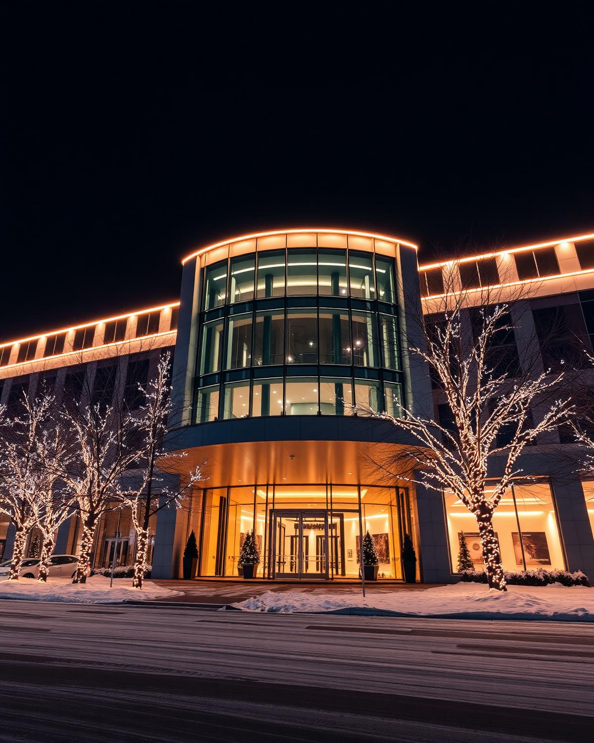 Commercial building lit with elegant holiday lighting