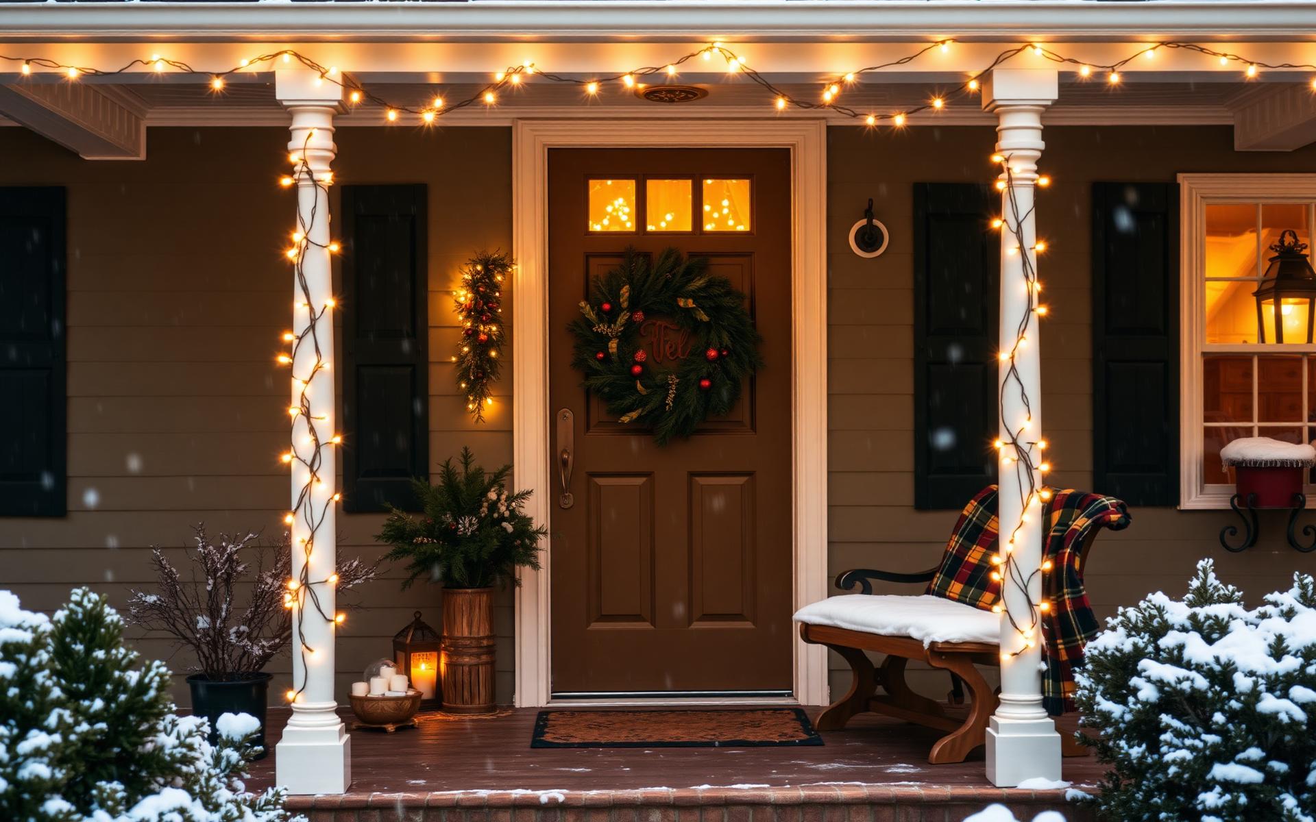 Cozy front porch with wreath and warm string lights