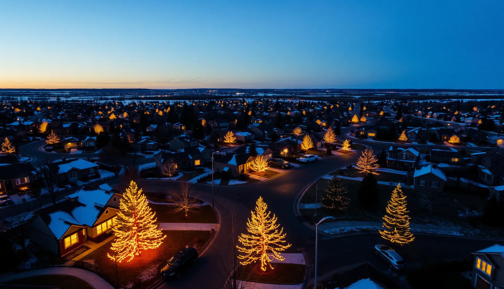 Suburban neighborhood glowing with holiday lights