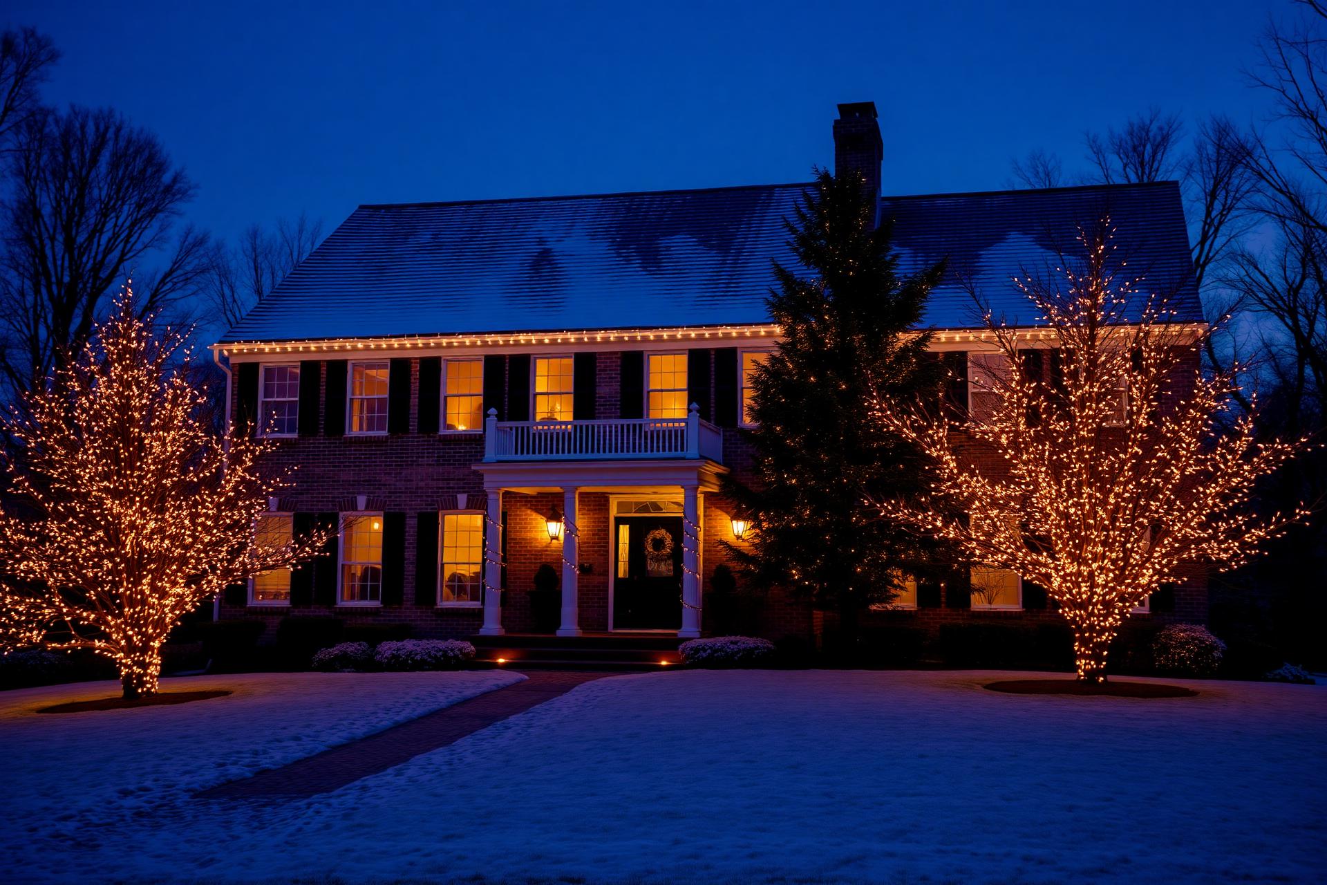 Home outlined with warm holiday lights at twilight