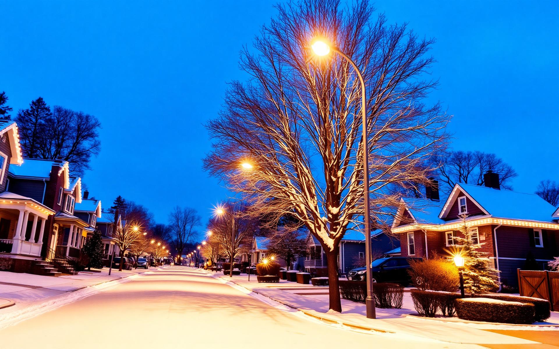 Snowy neighborhood street at twilight with lit homes