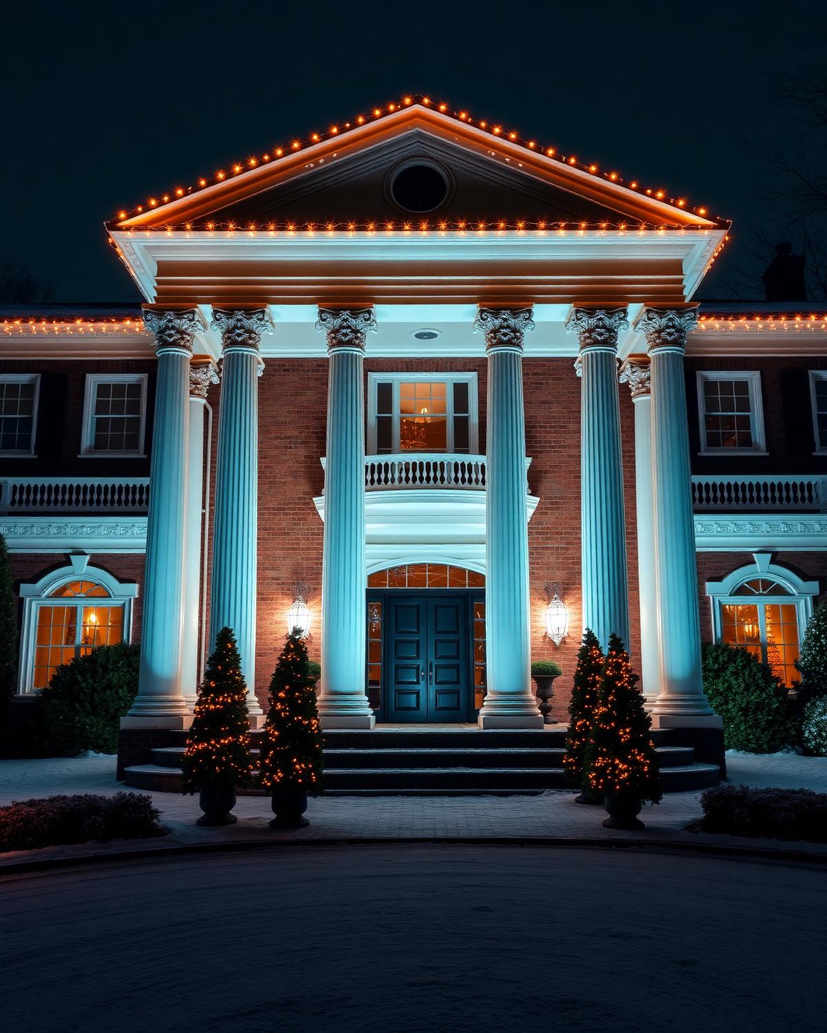 Estate-home holiday lighting with lit columns