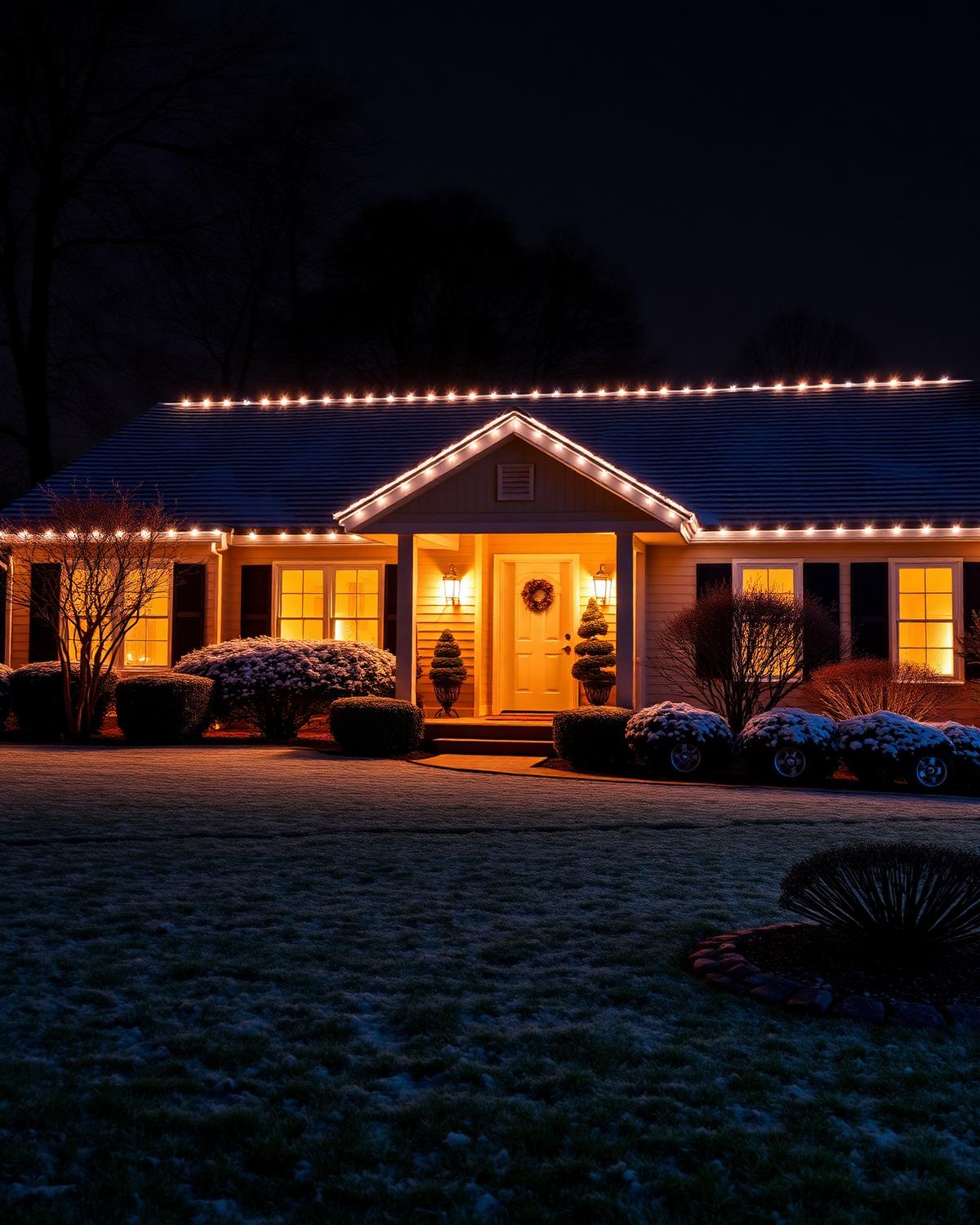 Warm roofline lighting on a family home