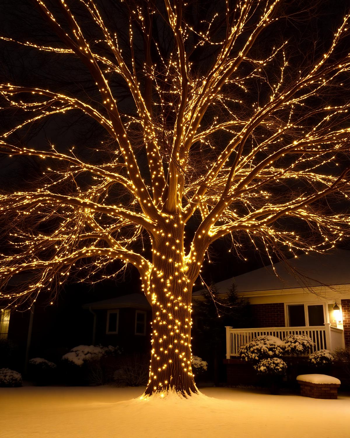 Wrapped tree with warm white lights