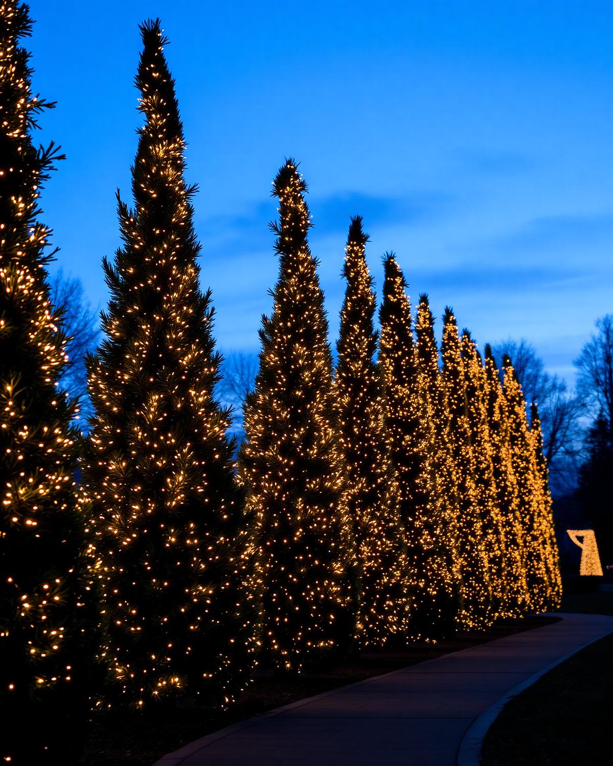 Landscape trees wrapped in warm white lights